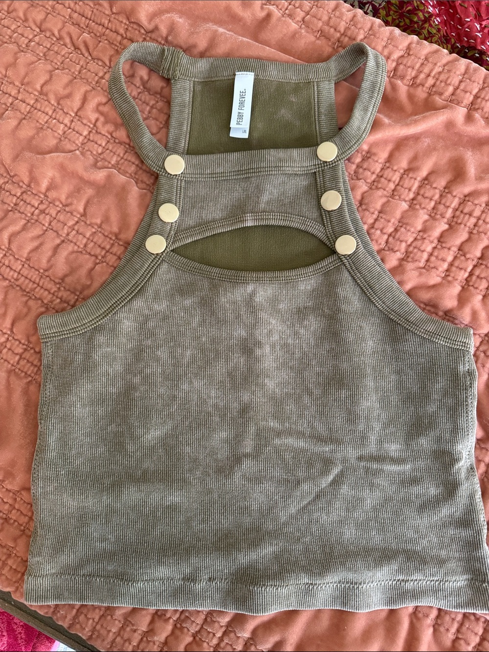 Free People Olive Ribbed Crop Tank with Button Detail